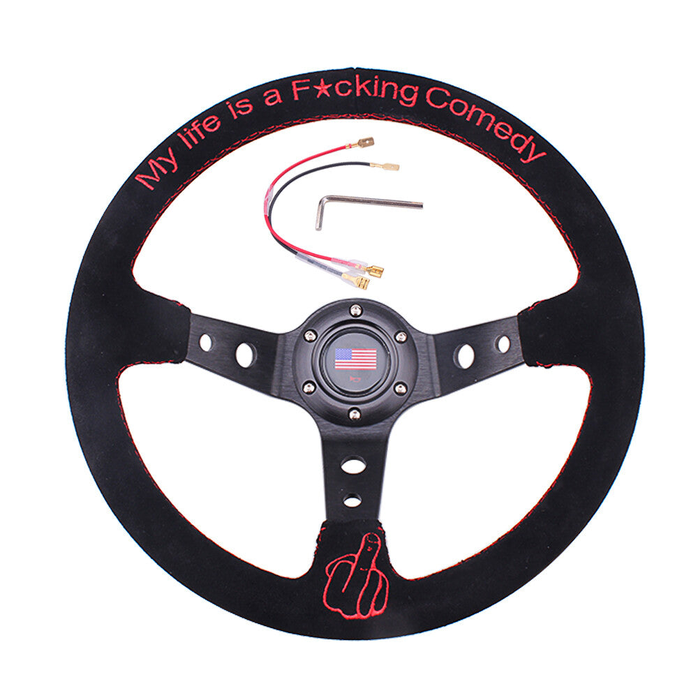 Black 14INCH 350mm Suede Leather Hand Embroidery Universal Steering Wheel