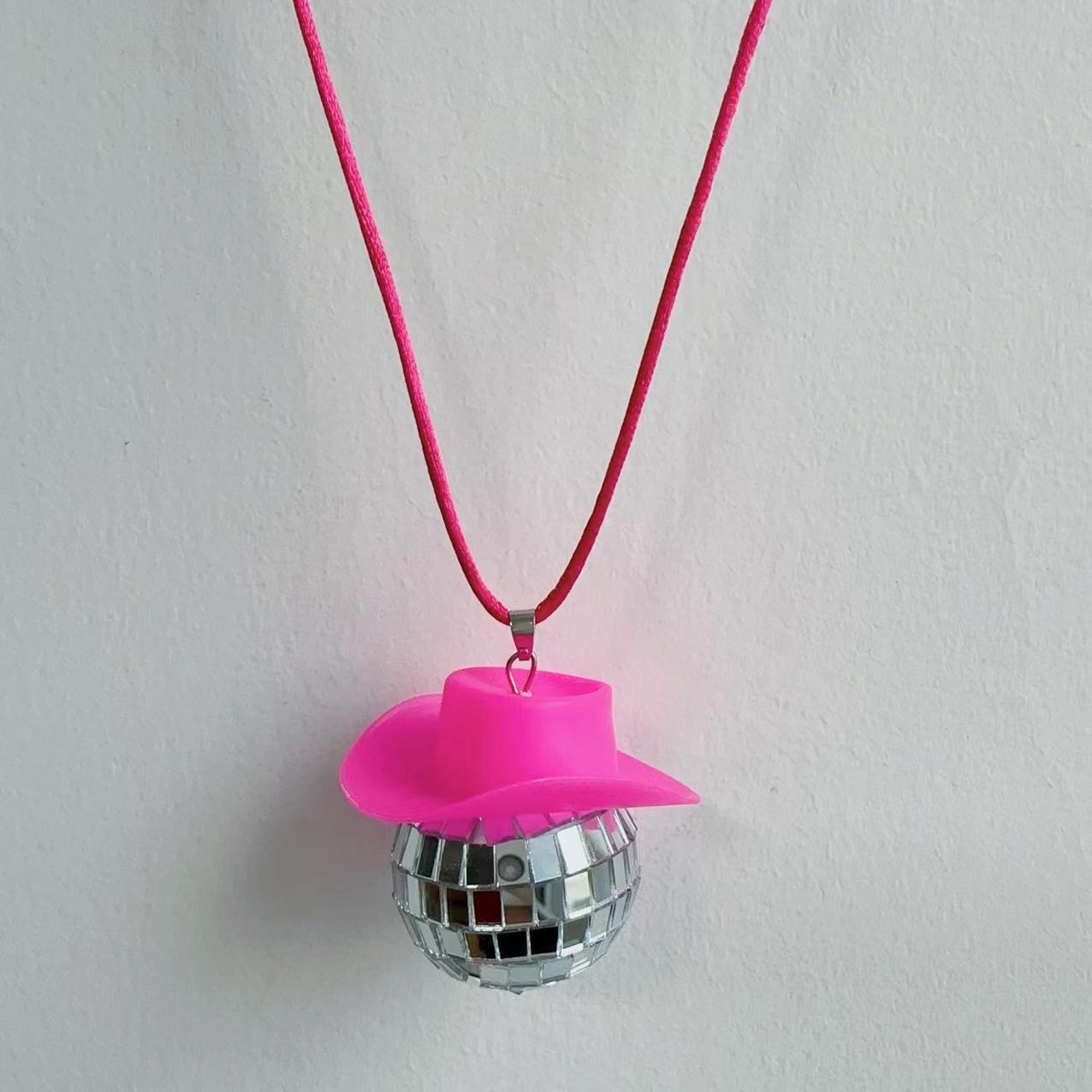 Cowboy Hat Disco Ball Car Ornamen Rearview Mirror Hanging Acessory Rope Pink