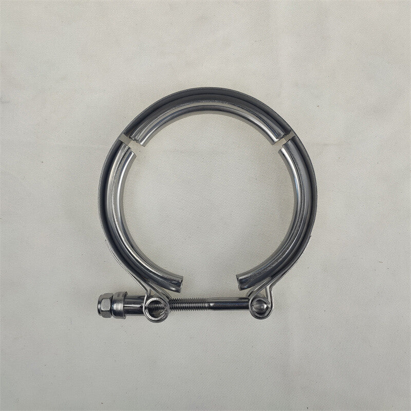 Universal stainless steel 2.5-inch V-belt clips suitable for turbochargers, downpipes, and exhaust systems.