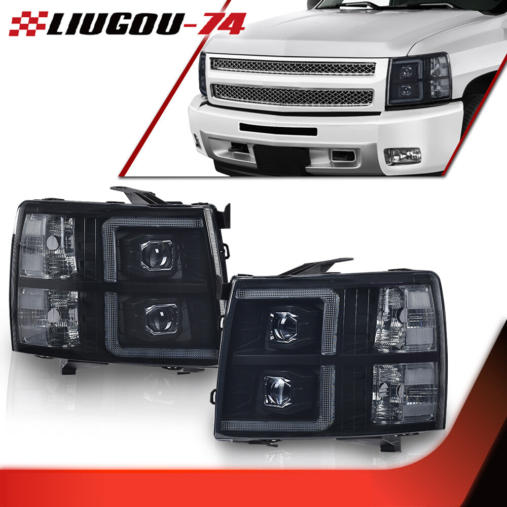 Suitable for 2007-2014 for Chevrolet Silverado smoked lens front light with black housing.