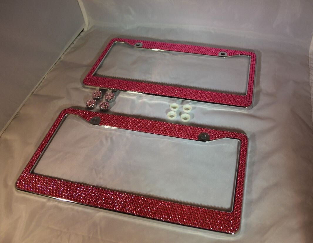 2-Piece Car License Plate Frame Cover for Rear Trunk Pink Glitter Crystal Suitable for ford