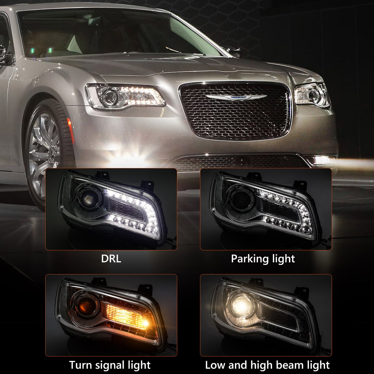For 2015-2023 for Chrysler 300 Chrome Halogen LED DRL Projector Headlight Passenger