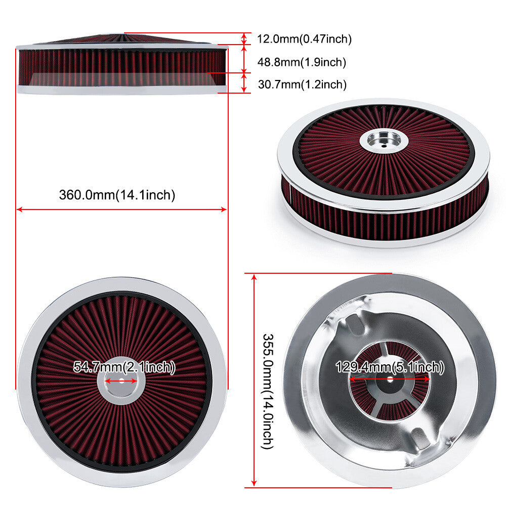 14 x 3 Air Cleaner Set Super Flow Washable Element RED Recessed Chrome Top