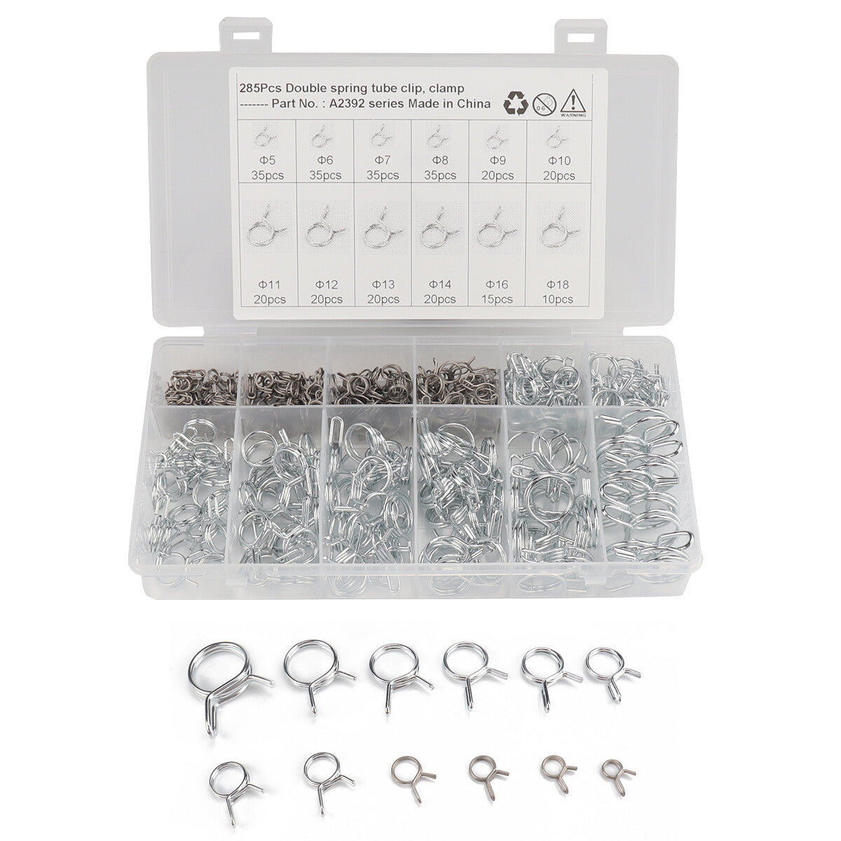 285-piece pack of double-wire spring clips, silicone hoses, air fuel hose clamps