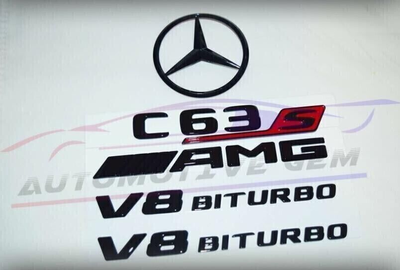 C63S SEDAN AMG V8 BITURBO Star Badge Glossy Black Badge Combo Set for Mercedes-Benz