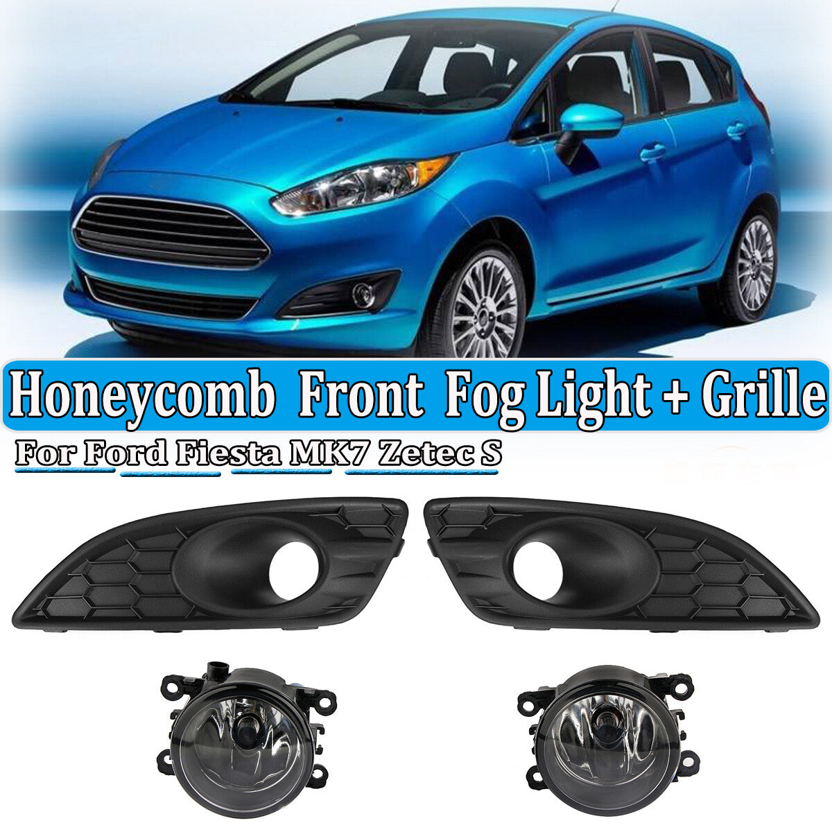 Honeycomb front fog lights + grille grille BBQ mat black for Ford Fiesta Mk7 Zetec S