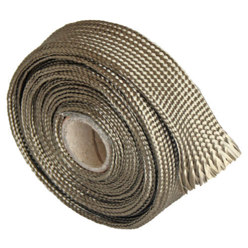 3/5-inch ID x 10-foot titanium fiberglass heat shield for automotive engine wiring harnesses.