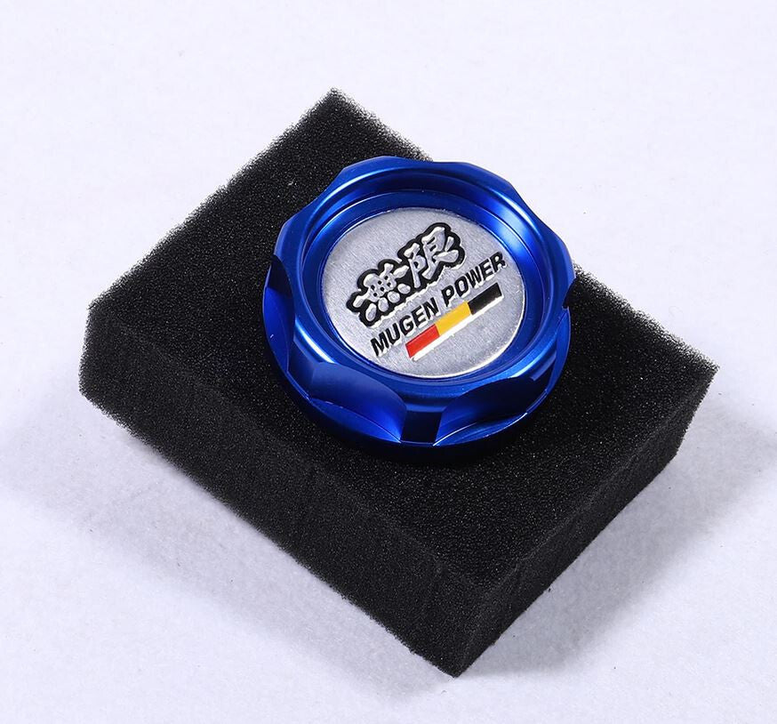 Blue and silver engine oil filler caps for JDM Mugen engines, suitable for Honda for Civic,Accord, and CRX.