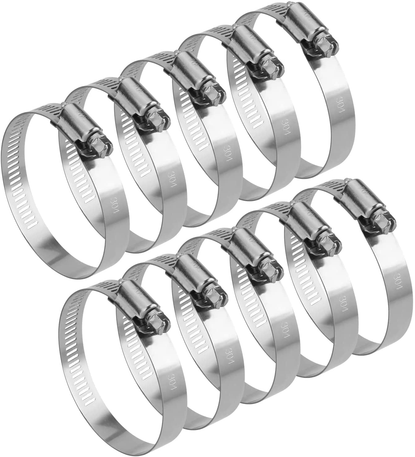 2-inch stainless steel pipe clamps with worm gear adjustable 27-51 mm hose clamps, 10 pieces.