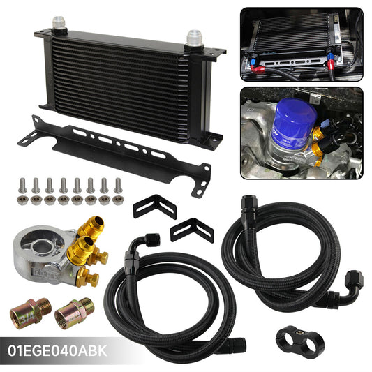 Universal 19 Row Oil Cooler Kit Thermostat Adapter 3/4 x16UNF +Braided Hose Line
