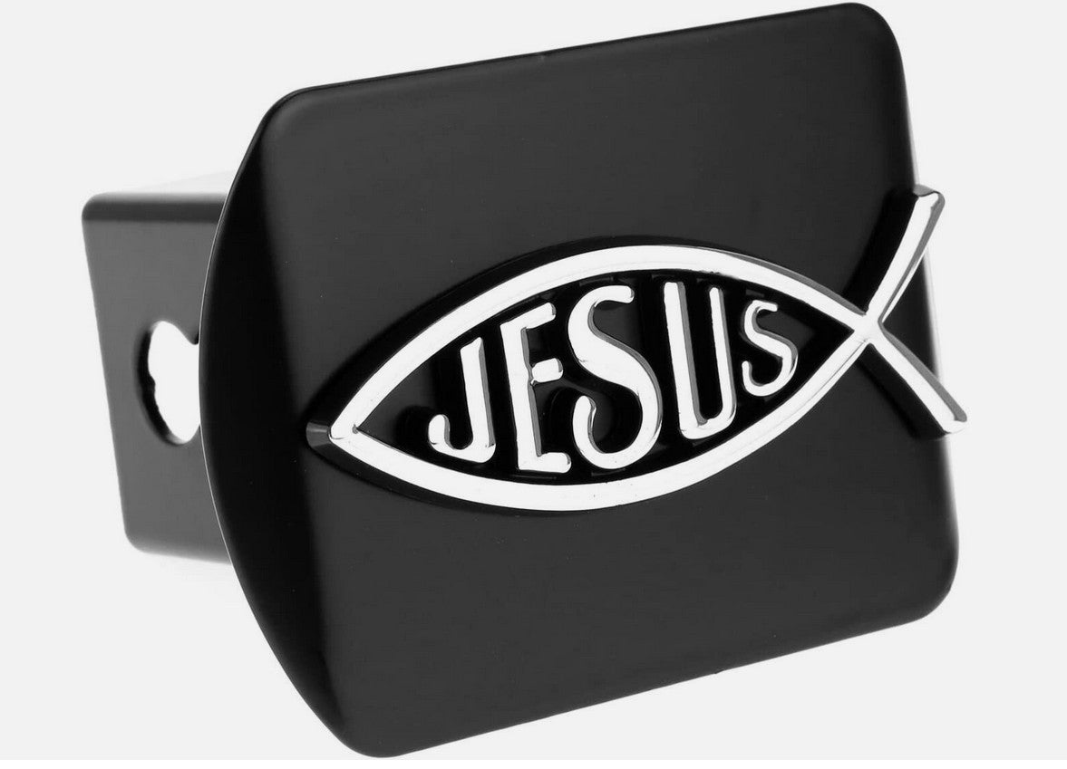 Car mount plug cap tow receiver 2-inch black chrome Jesus Fish for Chevrolet