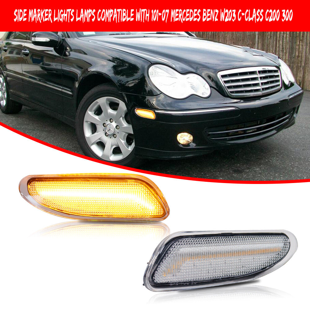Suitable for Mercedes-Benz W203, C-Class, C200, 300 models, transparent amber side marker LED lights - 01-07