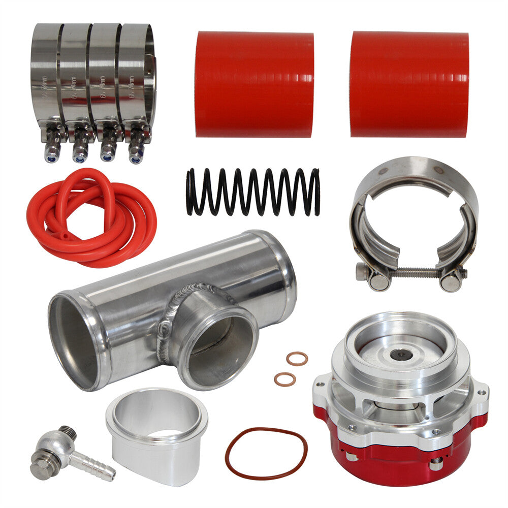 50MM 35PSI Boost V-Band Turbo Blow Off Valve BOV+2.5'' Flange Pipe Hose Kit Red