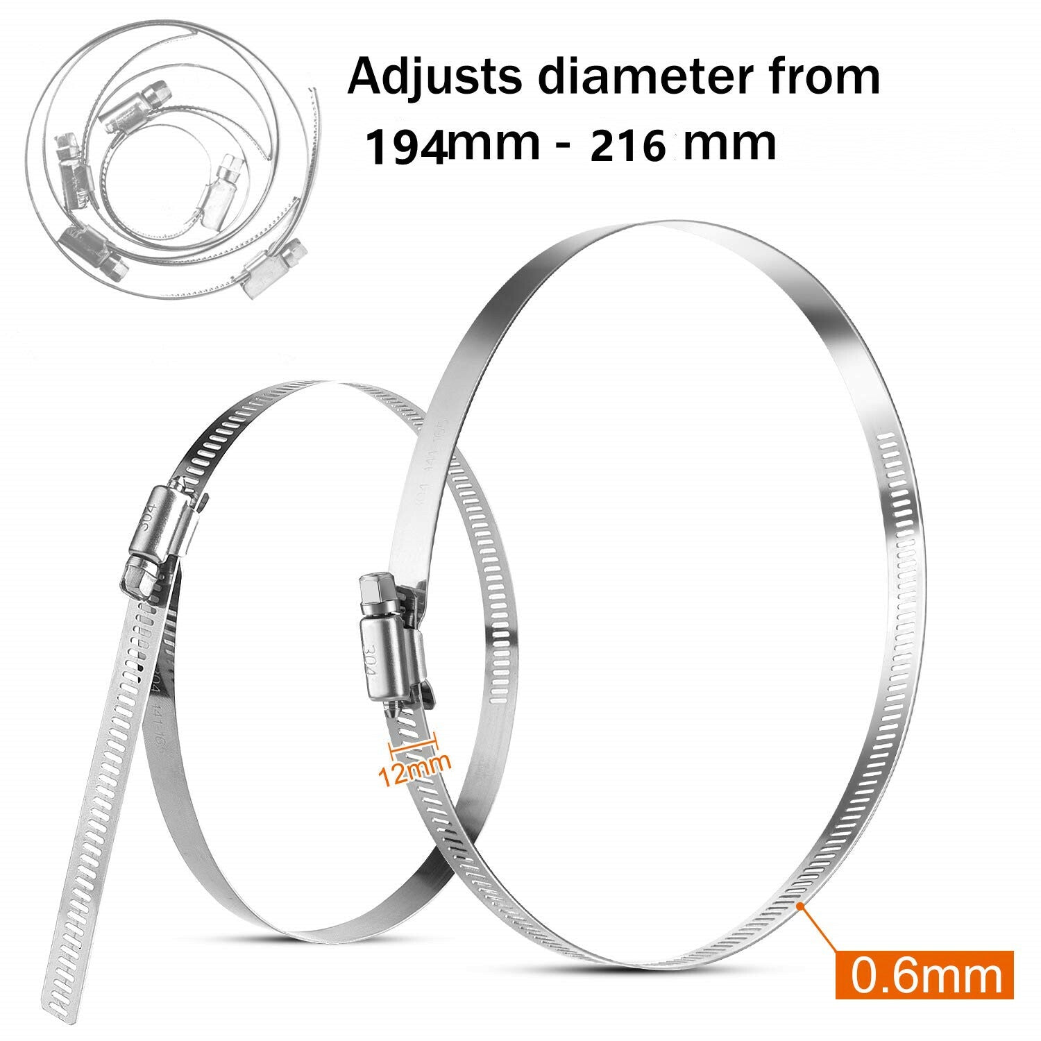 8-inch flexible hose clamp, adjustable steel pipe clamp, worm gear adjustable from 194-216 mm.