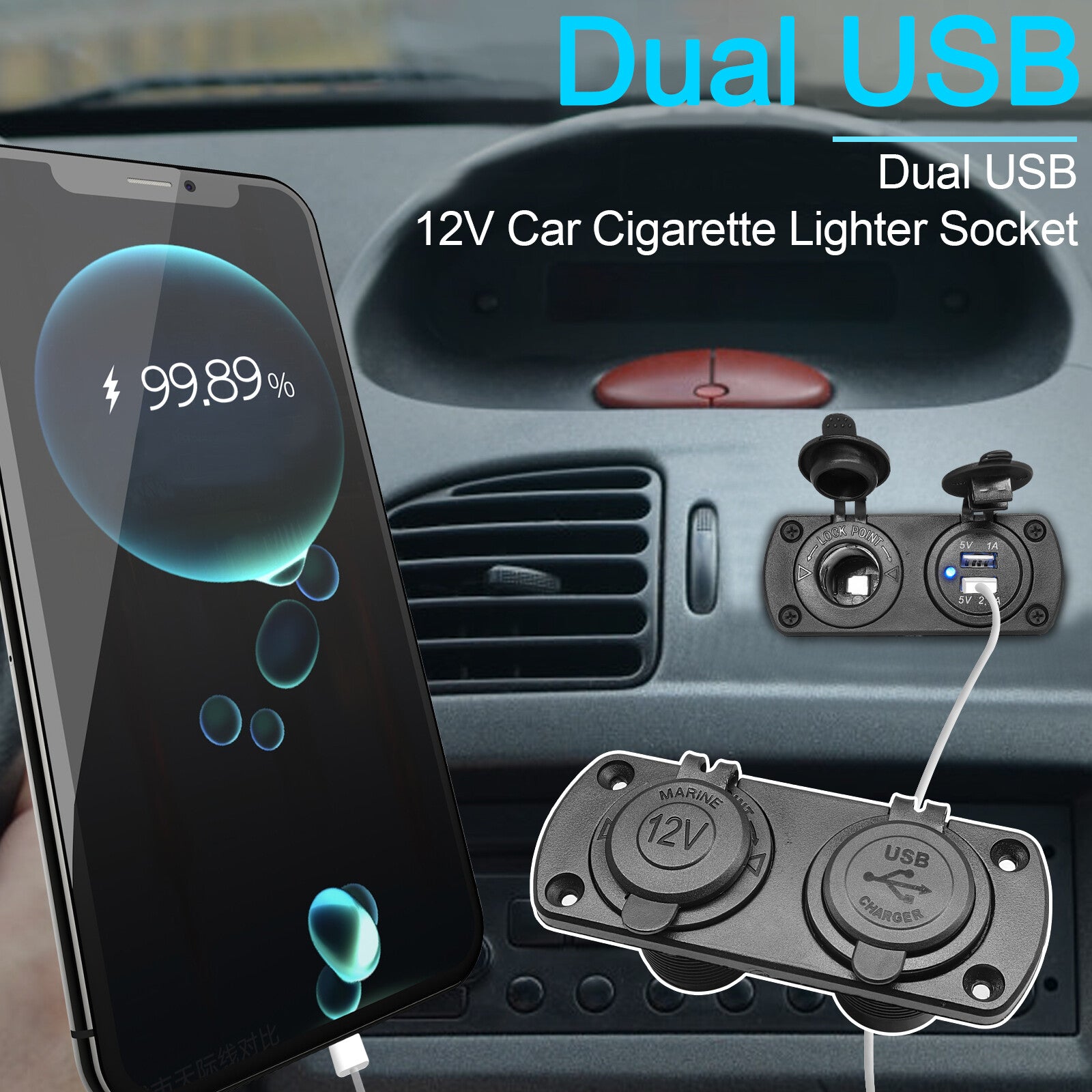 Car Car Cigarette Lighter Outlet with Dual USB Charger Female Built-in 12V