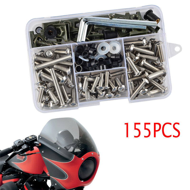155-piece set of stainless steel motorcycle body shell fairing bolts, plates, screws, nuts, and accessories.