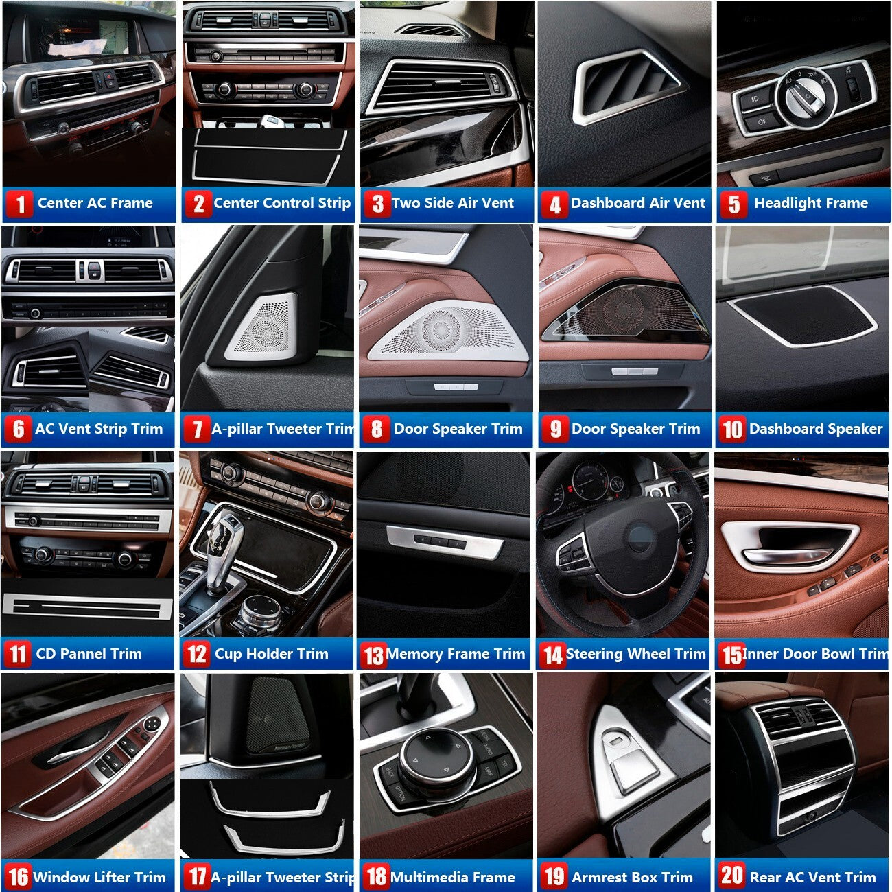Stainless Steel for BMW 5 Series F10 Car Dashboard Air Vent Outlet AC Cover Trim