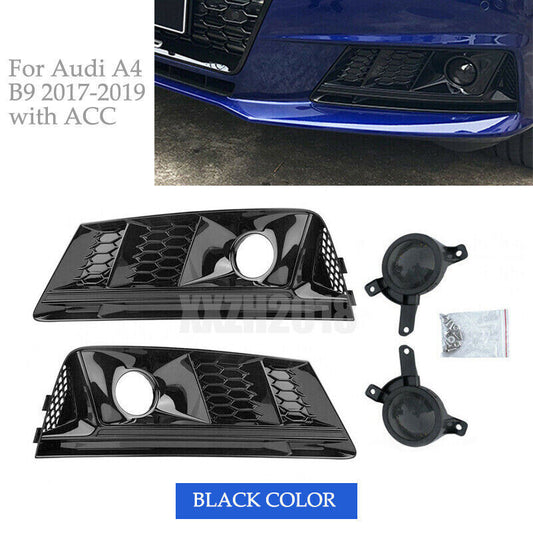 Front Bumper Fog Light Grill Cover Fit for Audi A4 B9 2017-2019 W/ACC Black 2018