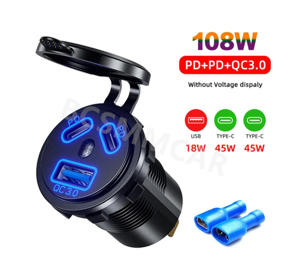 USB Car Charger Dual QC3.0 PD Port LED Outlet Socket Waterproof for 12V Car Boat