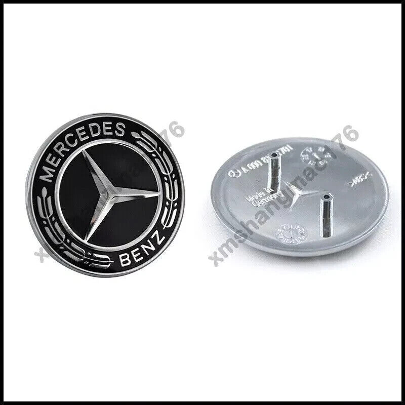 Front Hood Emblem BLACK Star for Mercedes-Benz Laurel Wreath 2 PINS Badge