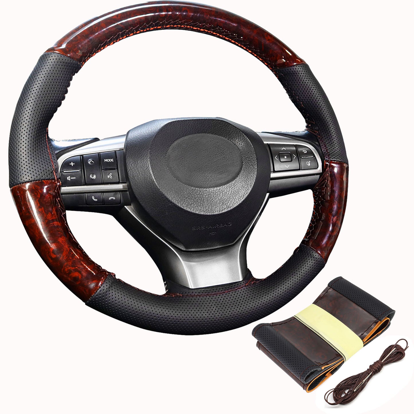 DIY Car Steering Wheel Cover Wood Leather With Needle Thread Vintage Accessories