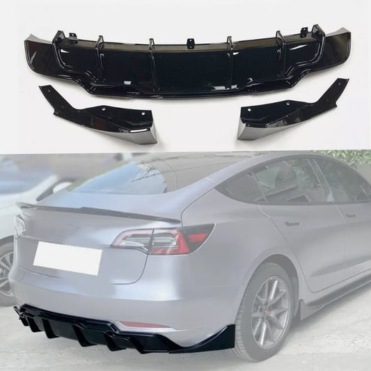 FOR 2017-2023 for TESLA MODEL 3 BLACK PERFORMANCE REAR BUMPER DIFFUSER W/ EXTENSIONS