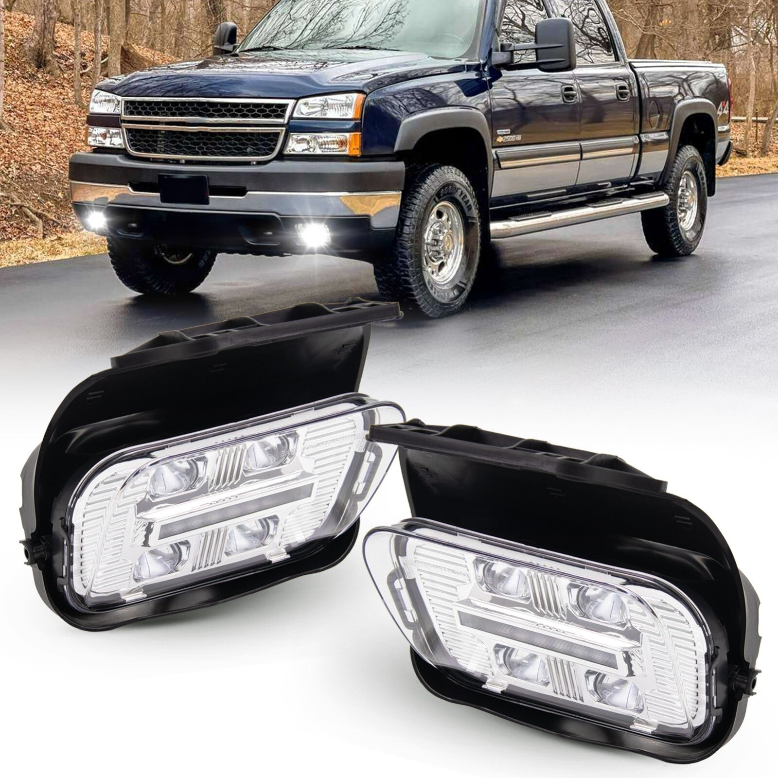 Suitable for 03-06 for Chevrolet Silverado avalanche bumper with new LED fog lights and driving lights.