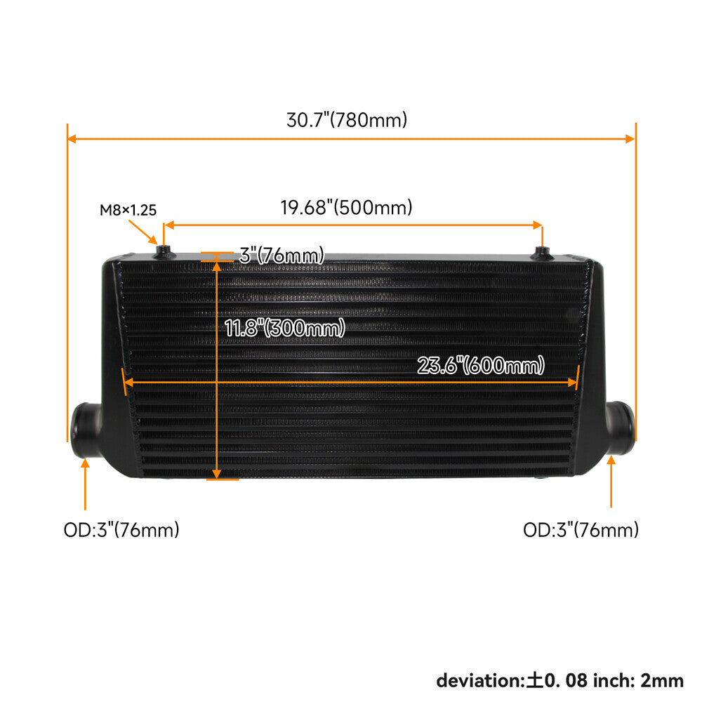 Universal Turbo Aluminum Intercooler 600x300x76 mm Front Mount 3 In/outlet BK