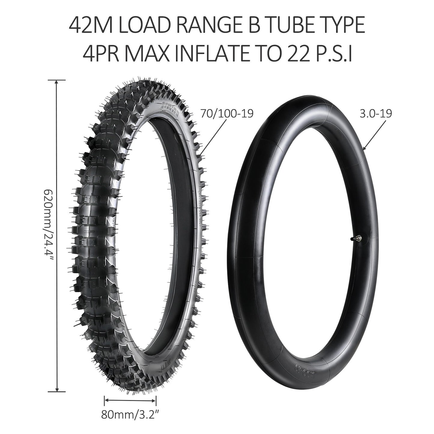 70/100-19 Knobby front tire + inner tube for Honda mountain bikes.