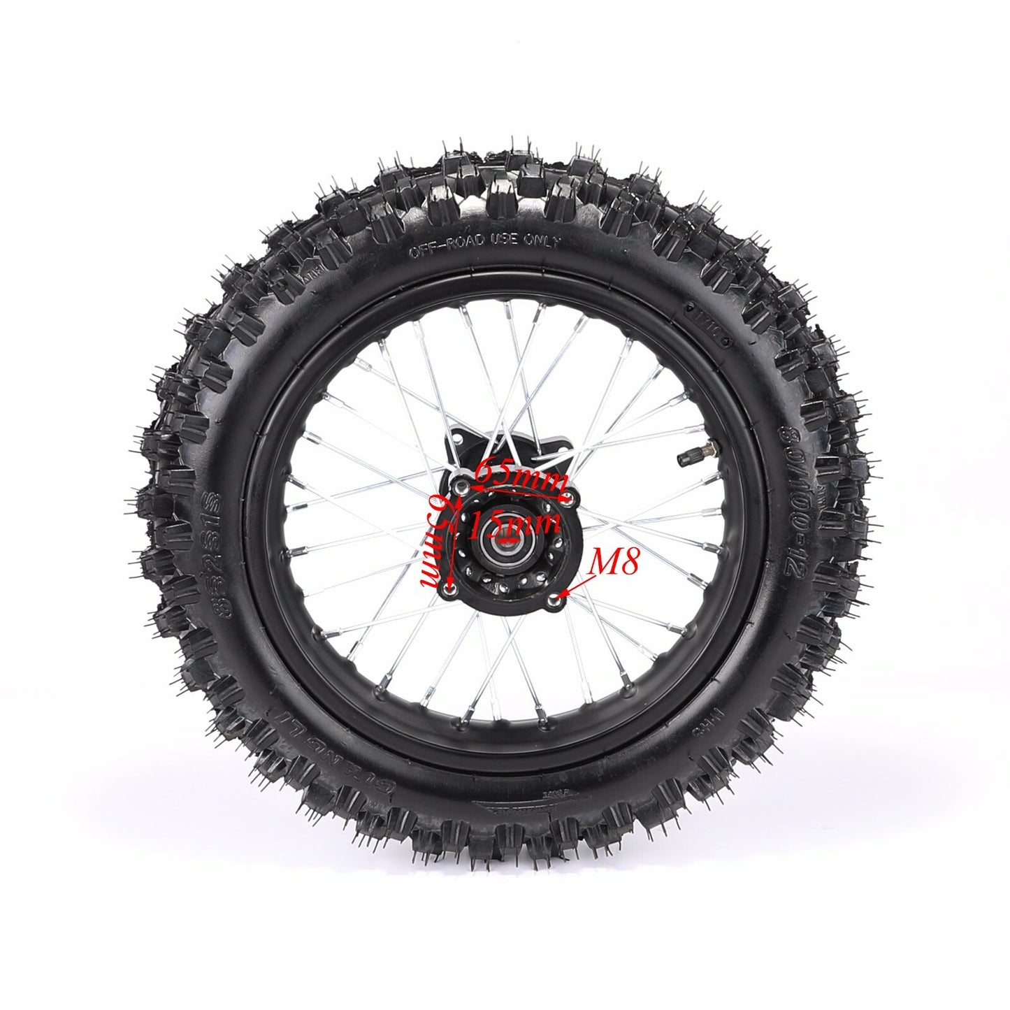 12-inch rear wheel with 80/100-12 tire and rim suitable for pit bikes CRF50, XR70, KX65, SSR, 110cc, 125cc.