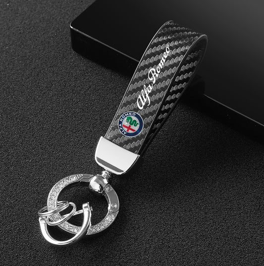 Black carbon fiber pattern silver zircon car keychain/key ring for Alfa Romeo