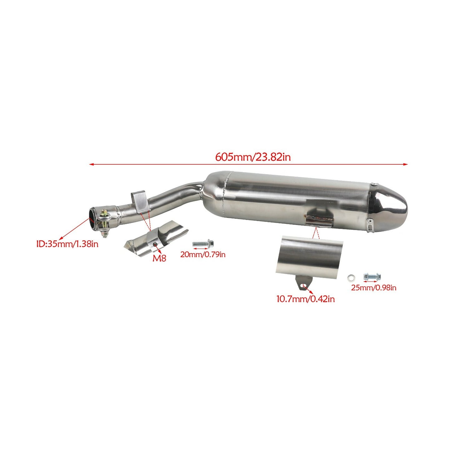Motorcycle exhaust muffler kit for Apollo 150cc, 200cc, and 250cc Dirt Pit bicycles.