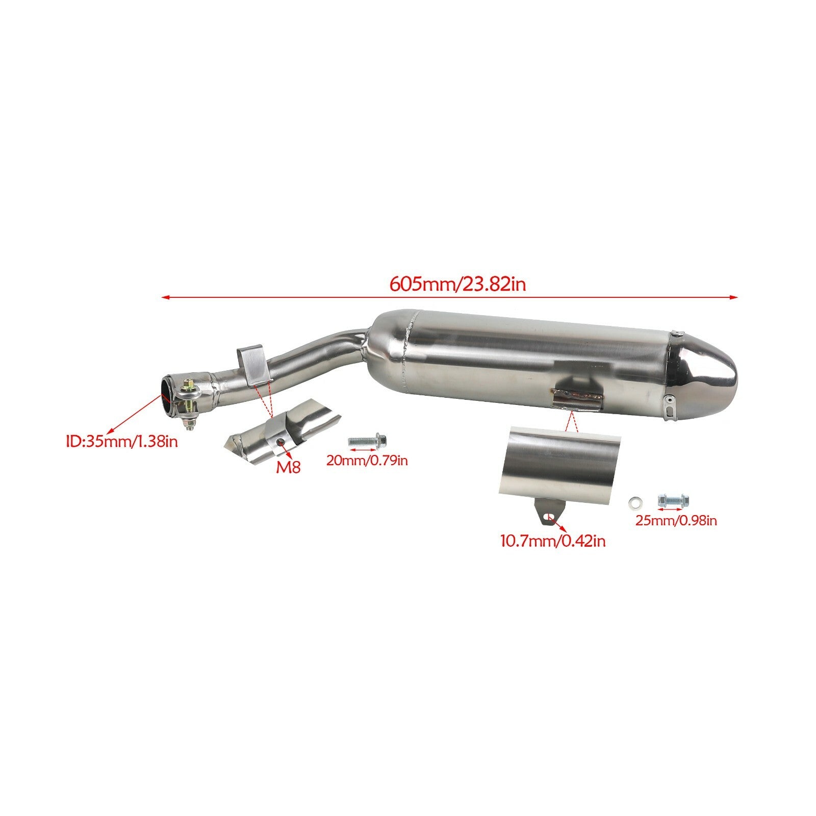 Motorcycle exhaust muffler kit for Apollo 150cc, 200cc, and 250cc Dirt Pit bicycles.