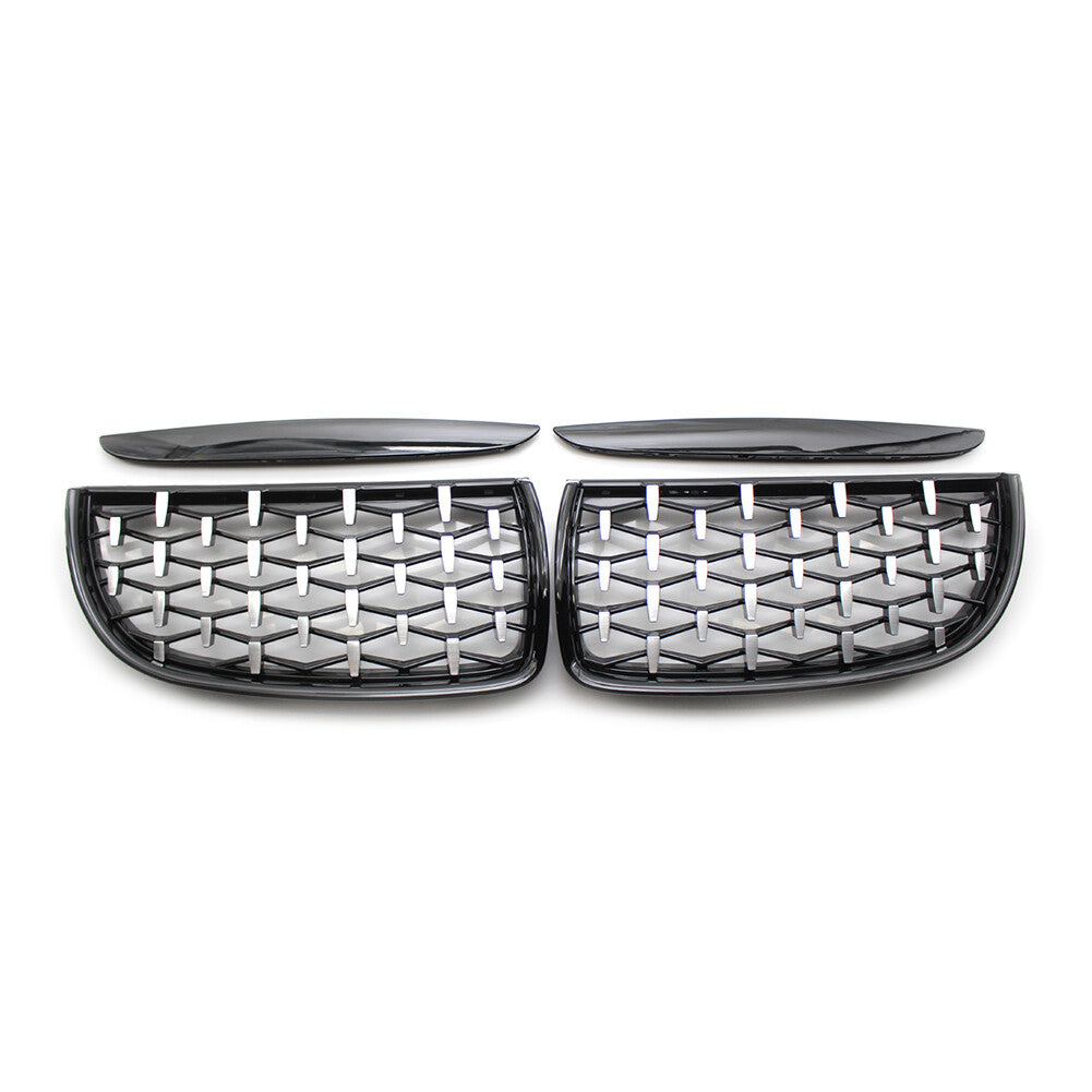2pcs Front Black Frame Chrome Grille Diamond Meteor Style Fit for BMW E90 2005-08