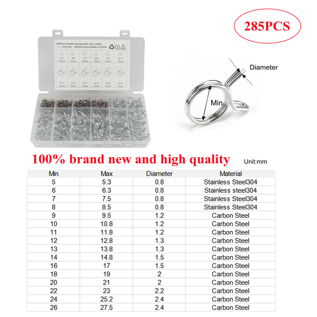 285-piece automotive dual-line fuel line hose clamp and spring clip sorting kit