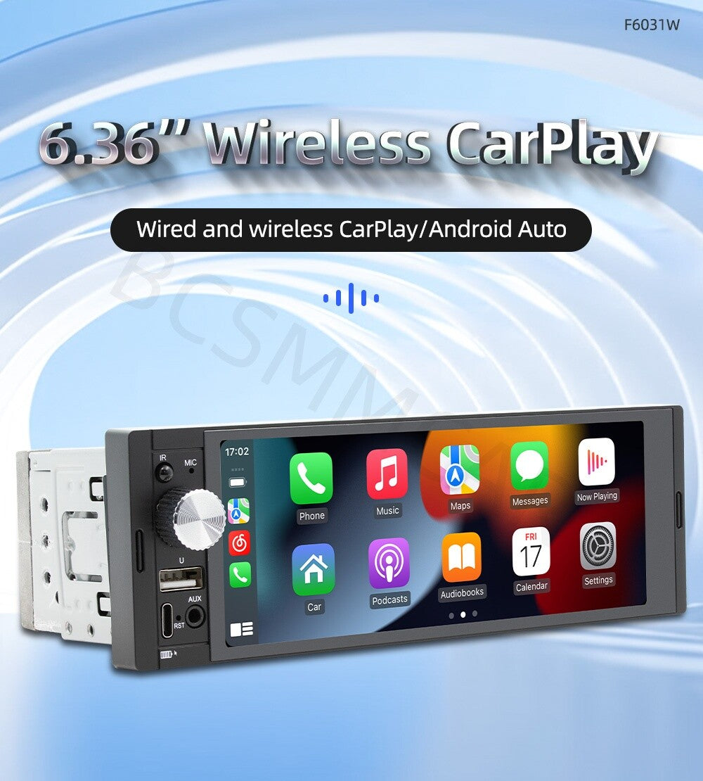 Single 1Din 6.36in Touch Screen Car Stereo Bluetooth Radio For Apple Carplay FM