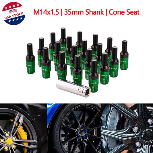 20-pack green M14x1.5 wheel lug bolts, tapered for seat studs, 35 shanks, suitable for most aftermarket applications.