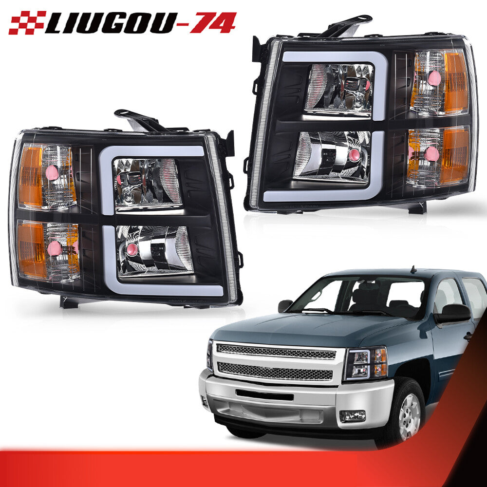 Suitable for 07-13 for Chevrolet Silverado Black/Amber LED DRL Headlights (2-Piece Set)