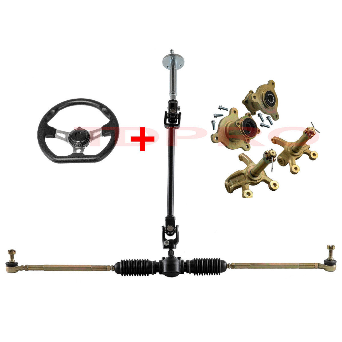 Front steering wheel assembly, go-kart tie bar, bracket axle, main shaft, wheel hub, all-terrain vehicle four