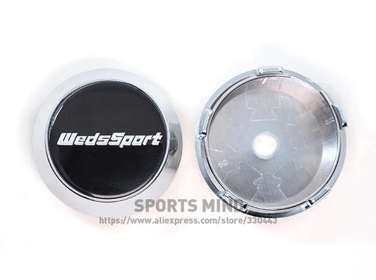 4-Piece Set of 60mm Weds Sport Badge Wheel Center Covers, Hub Covers, and Rim Covers (Black/Silver)