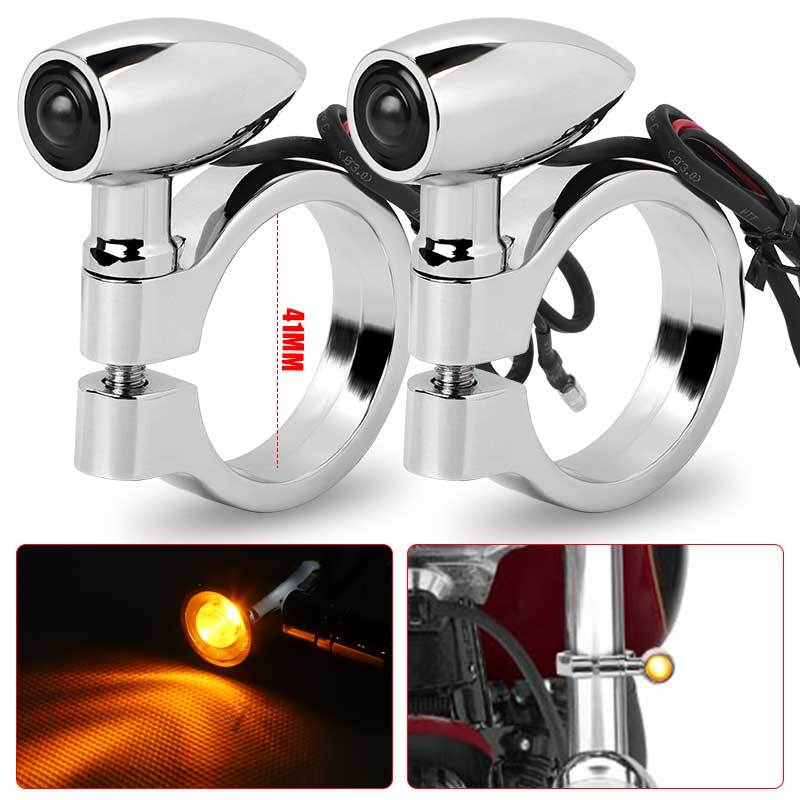 Chrome Bullet Motorcycle LED Turn Signal Light 41mm Front Fork Indicator Amber