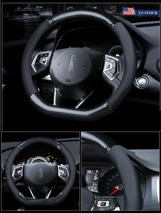 1PC Car Steering Wheel Cover D Shape 38cm Black PU Leather Carbon Fiber Antiskid