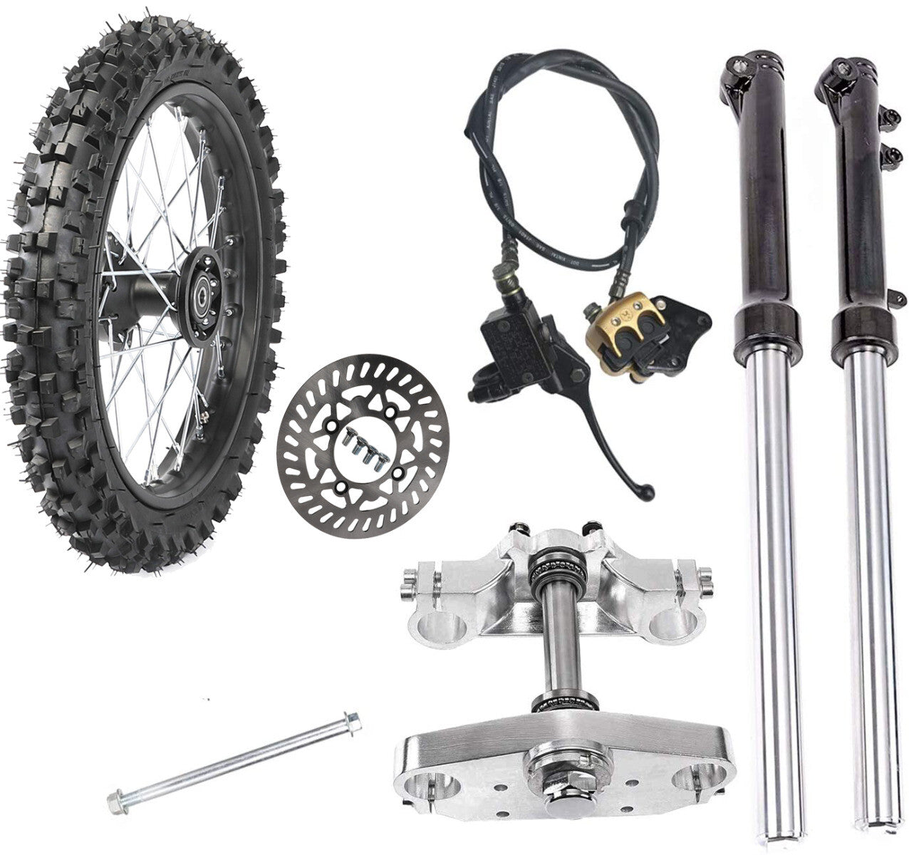 14-inch front wheel, 60/100-14 tire, rim, brake assembly, fork end, dirt pit, bicycle