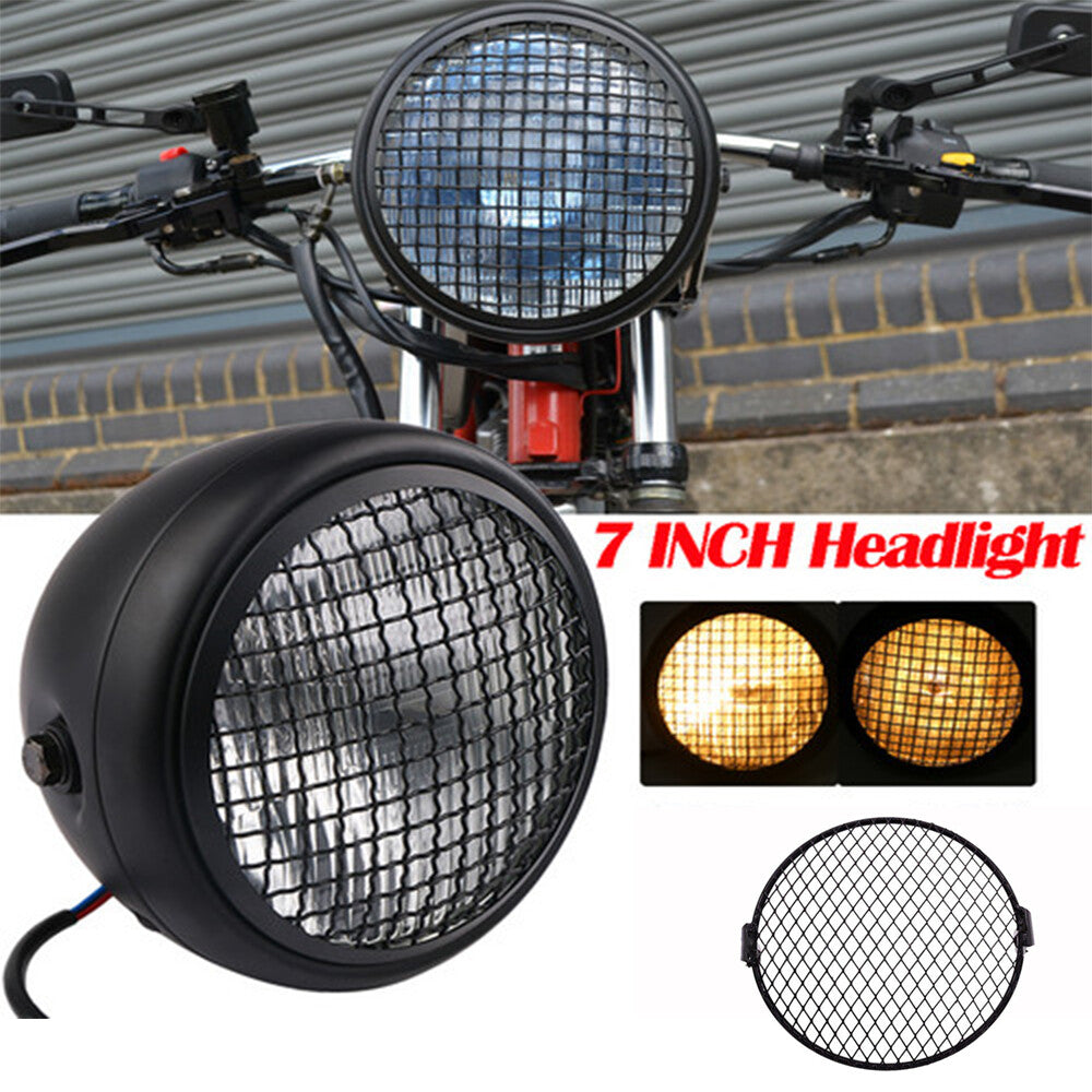 Motorcycle 7 Headlight lamp+Grill Projector for Harley Chopper Bobber Cafe 12V