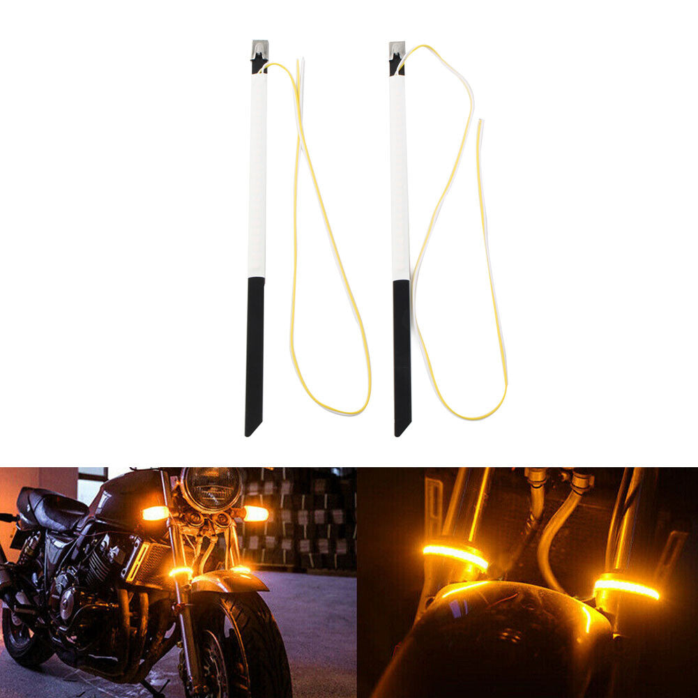 Bike Fork Turn Signal LED Indicators Blinkers Light Strips Amber 2PCs Motorcycle