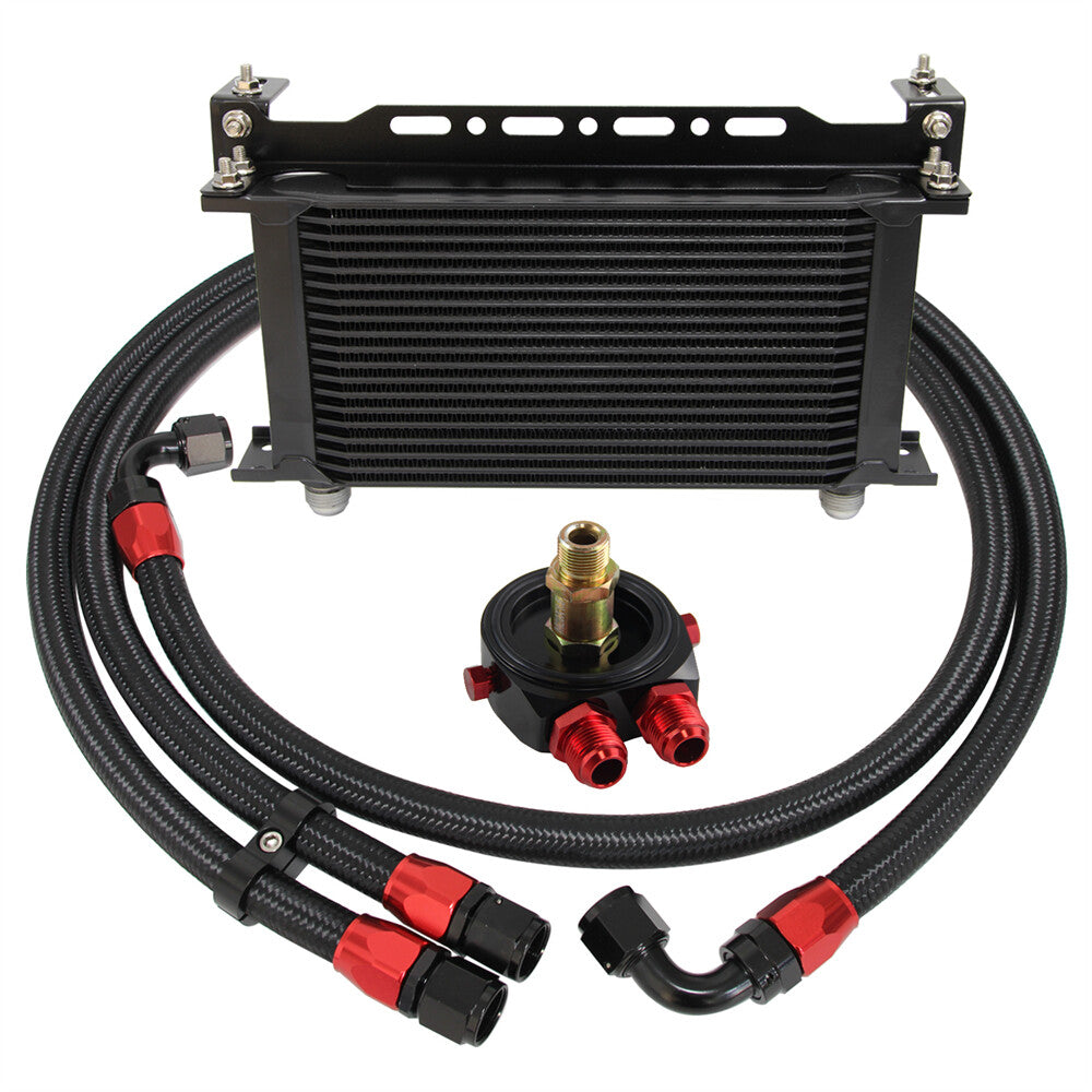 Universal 19 Row Engine Oil Cooler Kit + Sandwich Plate + AN10 Oil Lines Kit BK