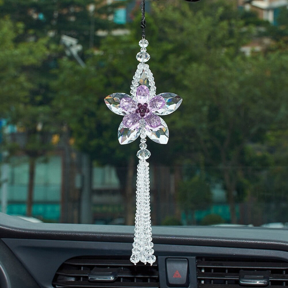 Flower Car Rear View Mirror Pendant Car Crystal Interior Hanging Deco Purple
