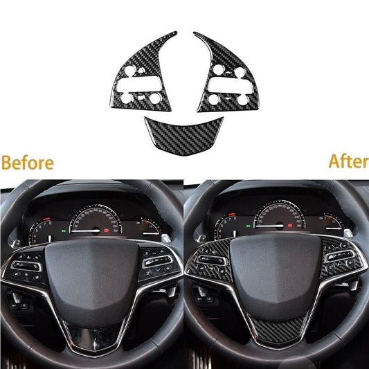 3Pcs Carbon Fiber Interior Steering Wheel Cover Trim for Cadillac ATS 2013-2019
