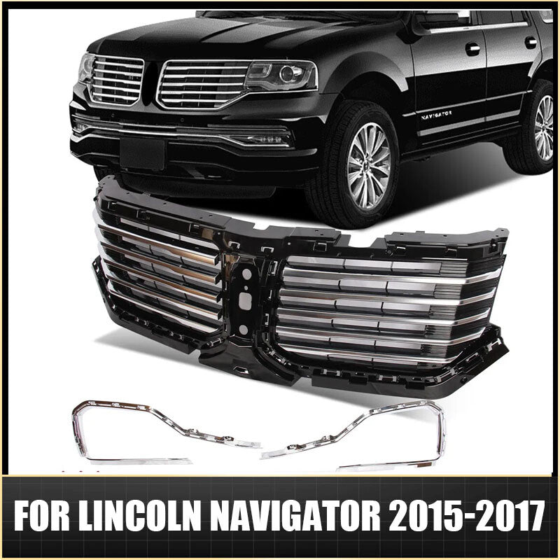 Front Upper Grille Grill With Chrome Trim Black Fits 2015-2017 for Lincoln for Navigator