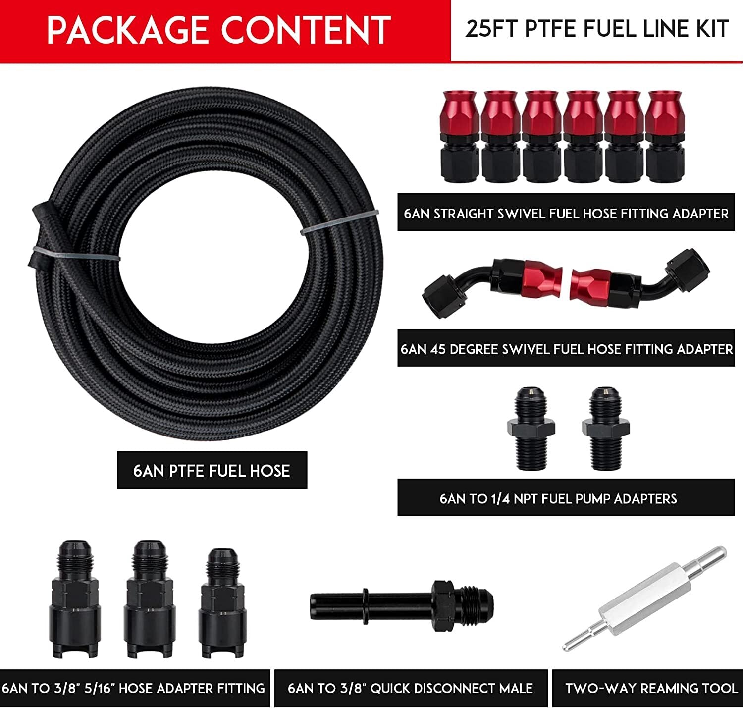 6AN 3/8 inch PTFE LS Exchange EFI Fuel Line Fitting Kit with 20 ft + 16 end hose fitting E85
